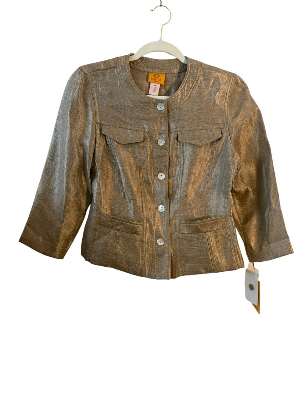 NWT Ruby Rd Petite 6P Acorn Brown Metallic Cropped Blazer Mother of Pearl Buton
